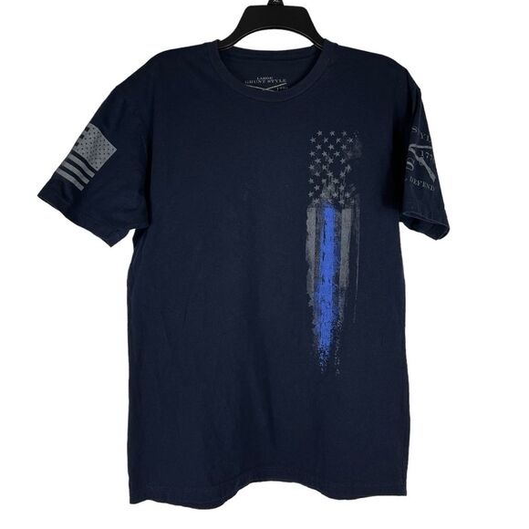 Grunt Style Navy Blue Short Sleeve T-Shirt Large US Flag Patriotic 4th of July - Picture 1 of 9